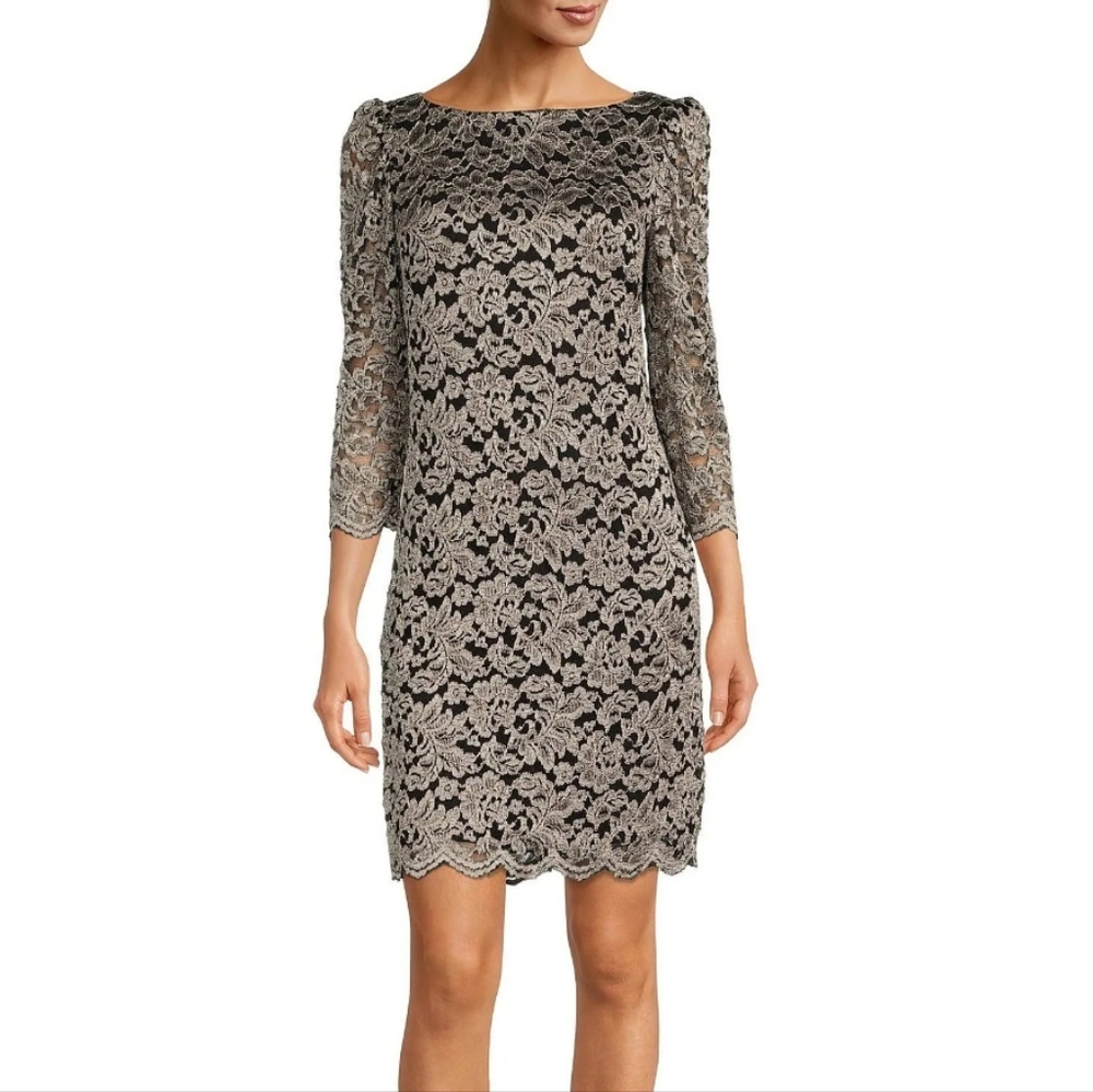 Jessica Howard Blackand Silver Lace Shift Dress‎ 3/4 Sheer Sleeve Sz 4P - Picture 2 of 8